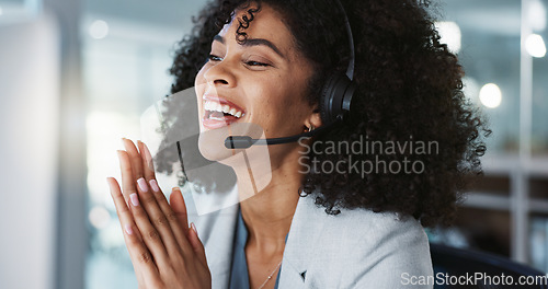 Image of Computer, call center and funny woman in customer service, tech support and talk to contact at help desk. Communication, telemarketing and African sales agent laughing, consulting and crm advisory