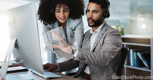 Image of Call center, training and learning in office with mentor, technical support and advice for working on computer. Employees, collaboration and questions for manager coaching or helping on tech project