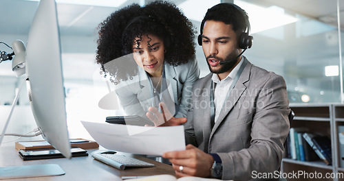 Image of Call center, training and learning in office with mentor, technical support and advice for working on computer. Employees, collaboration and questions for manager coaching or helping on tech project