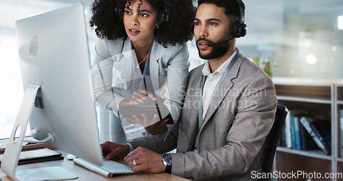 Image of Call center, training and learning in office with mentor, technical support and advice for working on computer. Employees, collaboration and questions for manager coaching or helping on tech project