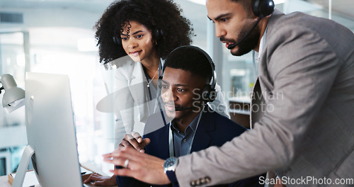 Image of Business people, call center and coaching in customer service, telemarketing or support at office. Team, agent or consultant training staff together in teamwork for online advice, help or contact us