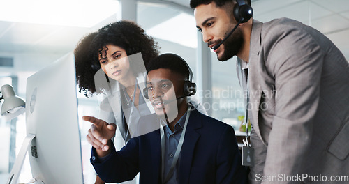 Image of Business people, call center and coaching team in telemarketing, customer service or support at office. Staff, agent or consultant training together in teamwork for online advice, help or contact us