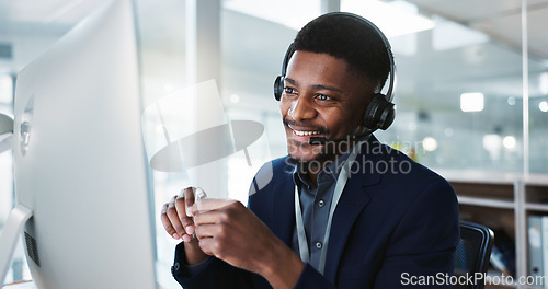 Image of Computer, call center and happy black man talking, crm and technical support at help desk. Communication, customer service and sales agent consulting, telemarketing advisory and speaking to contact