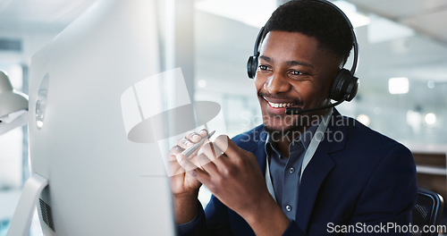 Image of Computer, call center and black man talking, telemarketing and technical support at help desk. Communication, customer service and happy sales agent consulting, crm advisory and speaking to contact