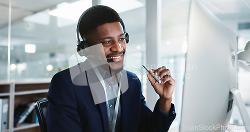 Image of Computer, call center and black man talking, telemarketing and technical support at help desk. Communication, customer service and happy sales agent consulting, crm advisory and speaking to contact