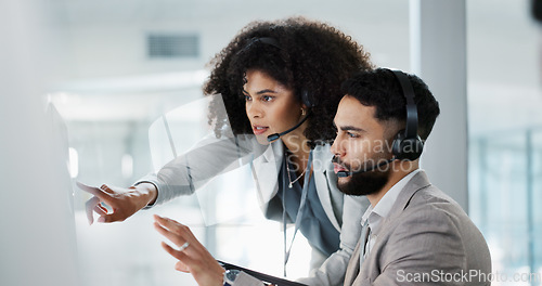 Image of Call center, training and learning in office with mentor, technical support and advice for working on computer. Employees, collaboration and questions for manager coaching on project with tech