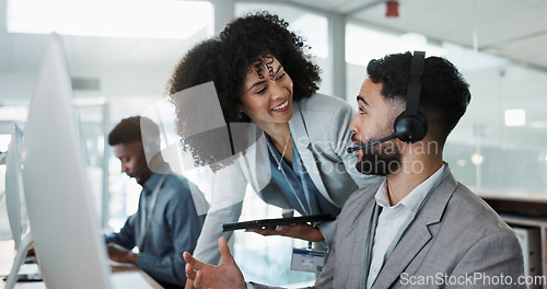 Image of Business people, call center and coaching staff in customer service, support or telemarketing at office. Team, agent or consultant training together in teamwork for online advice, help or contact us