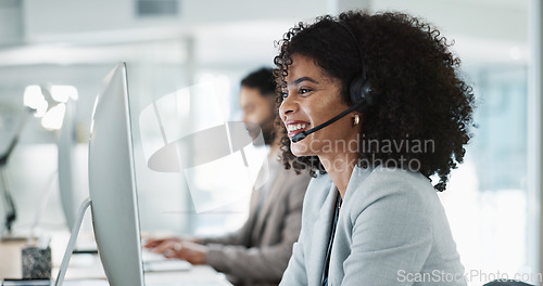 Image of Happy woman, call center and customer service in telemarketing, support or communication at office. Friendly female person, consultant or agent smile in online advice, help or contact us at workplace