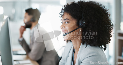 Image of Happy woman, call center and customer service in telemarketing, support or communication at office. Friendly female person, consultant or agent smile in online advice, help or contact us at workplace