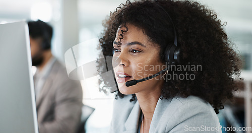 Image of Happy woman, call center and customer service in telemarketing, support or communication at office. Friendly female person, consultant or agent smile in online advice, help or contact us at workplace