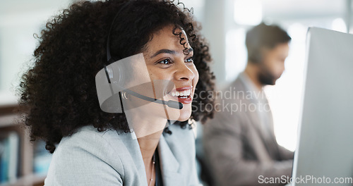 Image of Happy woman, call center and face with headphones in customer service, support or telemarketing at office. Friendly person, consultant or agent smile in online advice, help or contact us at workplace