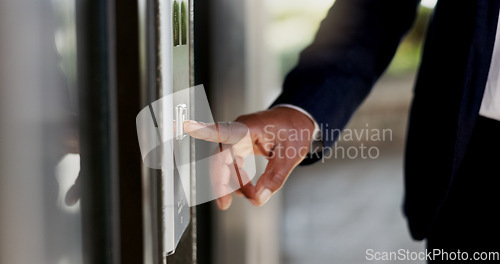 Image of Elevator button, man and business worker at corporate building and lift for office floor. Company, person and financial employee ready for professional job and staff working at a workplace for career