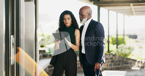 Image of Elevator, team and tablet with business worker lift for office floor with planning. Company, communication and financial employee with professional job and staff working with tech discussion