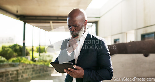 Image of Outdoor, corporate and senior man with a tablet, thinking or doubt with data analysis, investment research or website info. African person, employee or accountant with technology, outside or confused