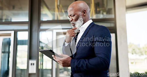 Image of Outdoor, business and senior man with a tablet, thinking and confused with data analysis, research and email notification. African person, employee and accountant with technology, outside and doubt