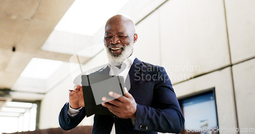 Image of Tablet, celebration and senior businessman in the city with good news, job promotion or winning. Happy, digital technology and professional African male lawyer with fist pump for success in town.