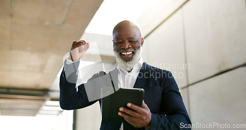 Image of Tablet, celebration and senior businessman in the city with good news, job promotion or winning. Happy, digital technology and professional African male lawyer with fist pump for success in town.