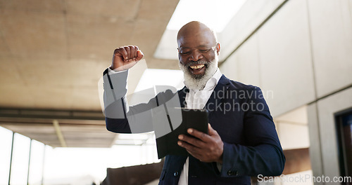 Image of Tablet, celebration and senior businessman in the city with good news, job promotion or winning. Happy, digital technology and professional African male lawyer with fist pump for success in town.