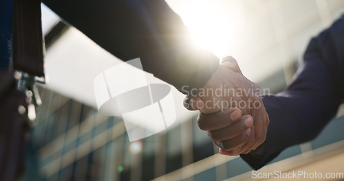 Image of Handshake, meeting and business people in morning in city for career, job and work opportunity. Professional, collaboration and workers shaking hands for agreement, thank you and b2b deal for hiring