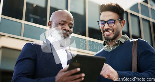 Image of Tablet, discussion and businessman with manager in the city planning a legal strategy. Meeting, digital technology and team of professional lawyers working on case in collaboration in urban town.