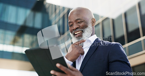 Image of Tablet, smile and senior businessman in the city doing research for a legal strategy. Happy, digital technology and elderly professional African male lawyer working on case commuting in urban town.