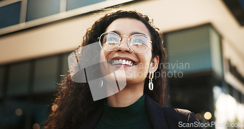 Image of Smile, vision and opportunity with a business black woman outdoor in the city for energy or inspiration. Face, thinking and glasses with a happy young employee looking to the future in an urban town