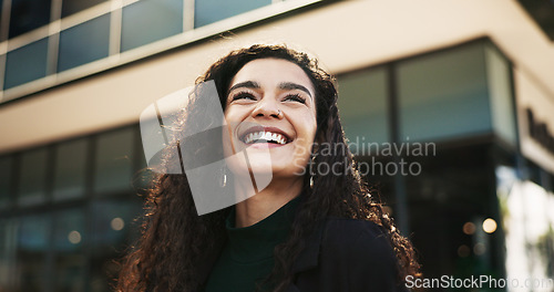 Image of City, thinking and woman with a smile, funny and opportunity with wonder, solution and laughing. Person, outdoor or girl with ideas, thoughts or humor with joke, urban town or building with happiness