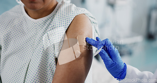 Image of Doctor, hands and bandage on arm, vaccine and healthcare of patient in hospital. Nurse, plaster and injection of person closeup for medicine, virus immunity or help with treatment of injury in clinic