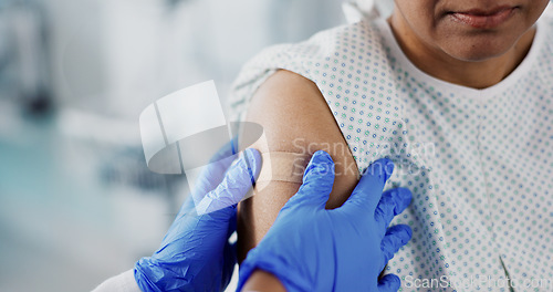 Image of Doctor, hands and plaster on arm, vaccine and healthcare of patient in hospital. Nurse, bandage and injection of person closeup for medicine, virus immunity or help with treatment of injury in clinic