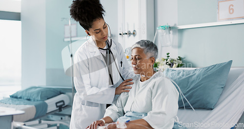 Image of Hospital, doctor and woman breathing with stethoscope for diagnosis, medical service and checkup. Healthcare, clinic and health worker with mature patient for surgery recovery, wellness and healing