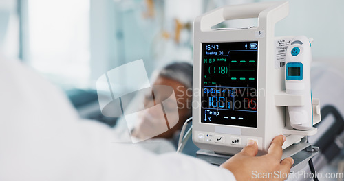 Image of Patient, doctor and heart monitor, healthcare and help with advice, vital sign with rehabilitation in hospital. People with health numbers, screen and medical emergency, cardiology and EKG machine