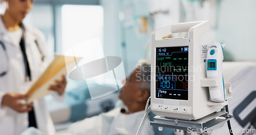 Image of Patient, doctor and heart monitor, health and help with advice, vital sign or numbers with rehabilitation in hospital. People with healthcare, screen and medical emergency, cardiology and EKG machine