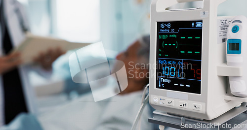 Image of Patient, doctor and heart monitor, health and help with advice, vital sign or numbers with rehabilitation in hospital. People with healthcare, screen and medical emergency, cardiology and EKG machine