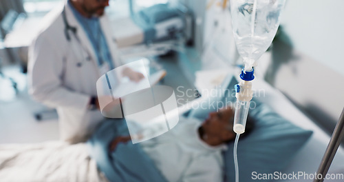 Image of IV drip, healthcare and medicine with doctor and patient in hospital, treatment and surgery with healing. People at clinic, health with medication or liquid in bag for infusion, service and recovery