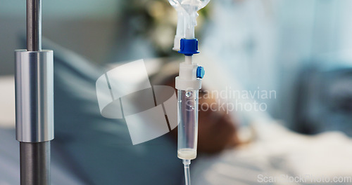 Image of IV drip, health and medicine with patient in hospital, treatment and surgery with healing pr rehabilitation. Person at clinic, healthcare with medication or liquid for infusion, service and recovery