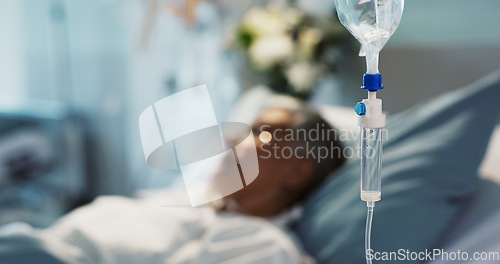 Image of IV drip, healthcare and medicine with patient in hospital, treatment and surgery, healing or rehabilitation. Person at clinic, health with medication or liquid for infusion, service and recovery