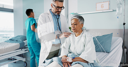 Image of Healthcare, doctor and patient breathing with stethoscope for diagnosis, medical service and checkup. Hospital, clinic and health worker with mature person for surgery recovery, wellness and healing