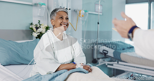 Image of Hospital, doctor and woman consulting with good news with ventilation tube for oxygen, medical service and care. Healthcare, happy and mature person smile for surgery recovery, wellness and results