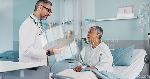 Image of Hospital, doctor and woman consulting with good news with ventilation tube for oxygen, medical service and care. Healthcare, happy and mature person smile for surgery recovery, wellness and results