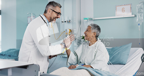 Image of Hospital, doctor and woman high five for success with ventilation tube for oxygen, medical service and care. Healthcare, happy and mature person celebrate for surgery recovery, wellness and healing