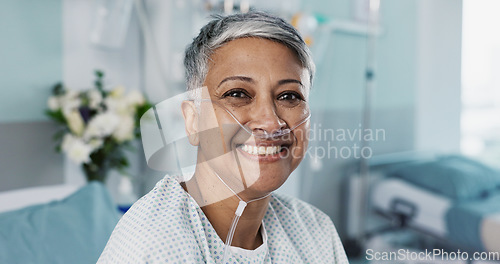 Image of Hospital, patient and face of woman in bed with ventilation tube for oxygen, medical service and care. Healthcare, happy and portrait of mature person smile for surgery recovery, wellness and healing