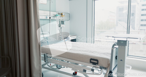 Image of Hospital, healthcare or interior of bedroom or empty room for wellness, consulting or healing. Background, medical or clinic space for emergency, rehabilitation or recovery with furniture or light