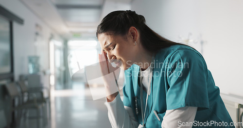 Image of Stress, sad and loss with a woman nurse in hospital after a fail, mistake or error in healthcare treatment. Depression, anxiety and grief with a young medicine professional in a medical clinic