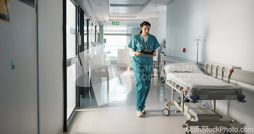 Image of Fail, crying or doctor with stress in hospital unhappy with healthcare results or medical problem. Depression, mistake or sad woman nurse frustrated by grief, death or loss in clinic with headache