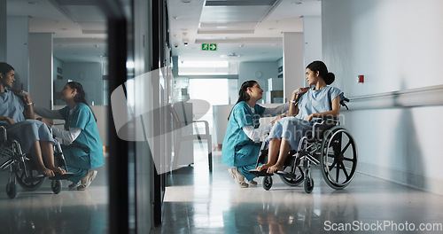 Image of Happy nurse, wheelchair patient and people talking, consulting and motivation advice, kindness or empathy for medical surgery. Support, client or doctor trust, care and chat to person with disability