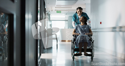 Image of Happy nurse, wheelchair patient and people talking, consulting and motivation advice, kindness or empathy for medical surgery. Support, client or doctor trust, care and chat to person with disability