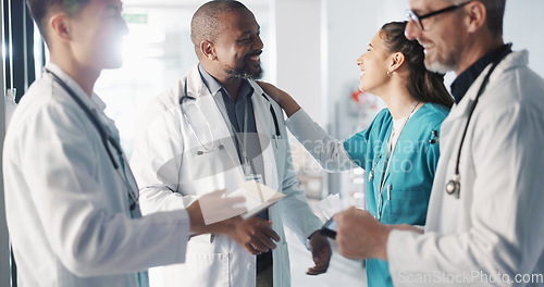 Image of Doctors, nurses and team or hospital management with workflow, schedule planning and speaking of services. Healthcare worker, mentor and people with medical documents, clinic files and internship