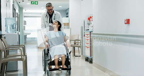 Image of Doctor, happy wheelchair patient and people talking about healthcare, wellness surgery results or medical support. Clinic, help or medicine expert, staff or surgeon travel, walking and chat to client