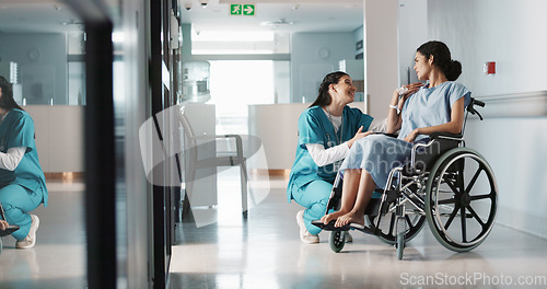 Image of Happy doctor, wheelchair patient and women talking, consulting and motivation advice for healthcare service surgery. Nurse support, help and wellness surgeon speaking to person with disability