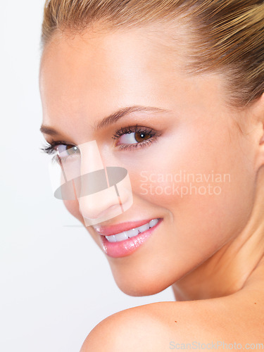 Image of Beauty, woman and happy portrait with white background, cosmetics and makeup in studio. Confidence, skincare and female model with skin glow and wellness from facial treatment and clean dermatology